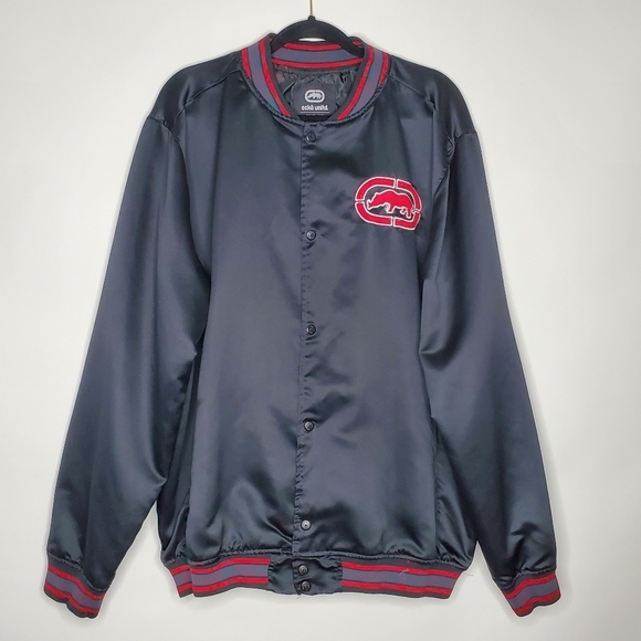 Ecko Unlimited Big Logo Bomber Jacket 2XL Rhino Spell Out Snap Front Y2K Satiny - Picture 2 of 14